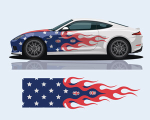Fototapeta premium A digital illustration showcasing a sleek sports car with a custom livery. The vehicle wrap features a patriotic stars and flames design.
