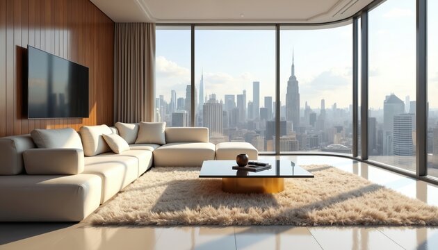 Modern living room with minimalist design features plush cream sectional sofa, shag rug, and wood-paneled wall with mounted TV. Large windows offer panoramic city skyline views.