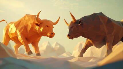 Two polygonal bulls facing each other in a stylized landscape with a bright sky and low poly mountains