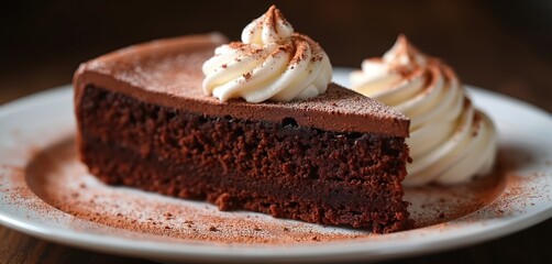 Rich dense flourless chocolate cake slice boasts silky texture dusted cocoa powder. Served with whipped cream dollop on white plate. Delicious dessert pastry perfect for bakery food blogs cafes