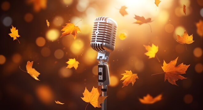 Microphone with falling autumn leaves for music performance event