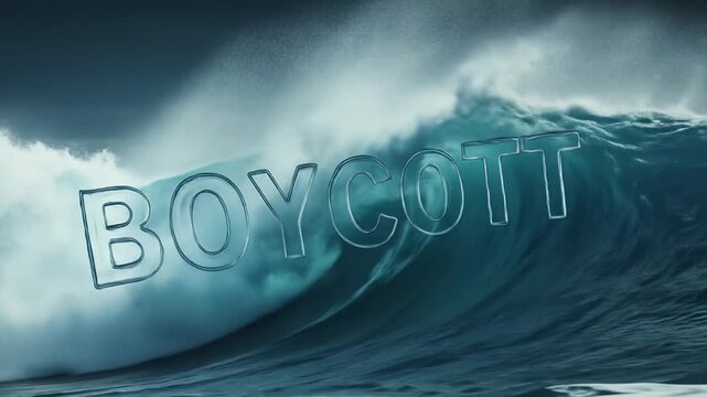 A powerful ocean wave with the word 'BOYCOTT' integrated into its form.