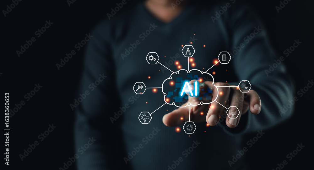 Poster a person interacts with a glowing digital ai cloud interface surrounded by technology icons, symboli