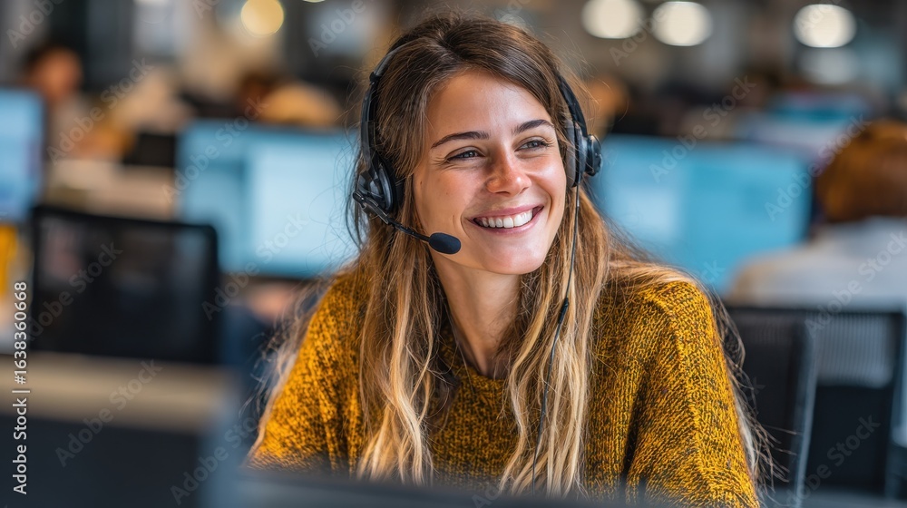 Poster customer support phone operator working at computer happy call center agent working on support hotli