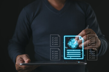A person uses a stylus on a tablet with glowing digital AI document icons and checklist graphics, symbolizing artificial intelligence in data processing,automation,and smart document management.