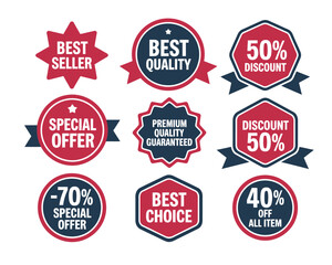 Obraz premium A set of nine vintage-style sale and discount badges in red and blue. Retro promotional labels for retail.