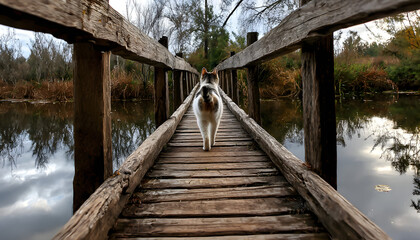 Fototapeta premium A beloved cat walks on the over the rainbow wooden bridge with wooden side rails over a body of water