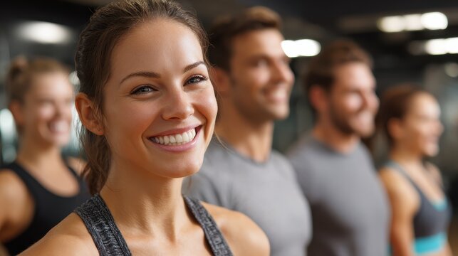 fitness sport training gym and lifestyle concept  group of smiling people exercising in the gym no logos no brands ar 169
