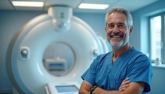 Smiling male CT technologist in blue scrubs stands arms crossed before modern MRI scanner. Healthcare pro in clinic setting, medical imaging facility. Experienced technician ready for patient scan.