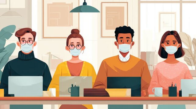 young people with face masks back at work or school in office after lockdown no logos no brands ar 169