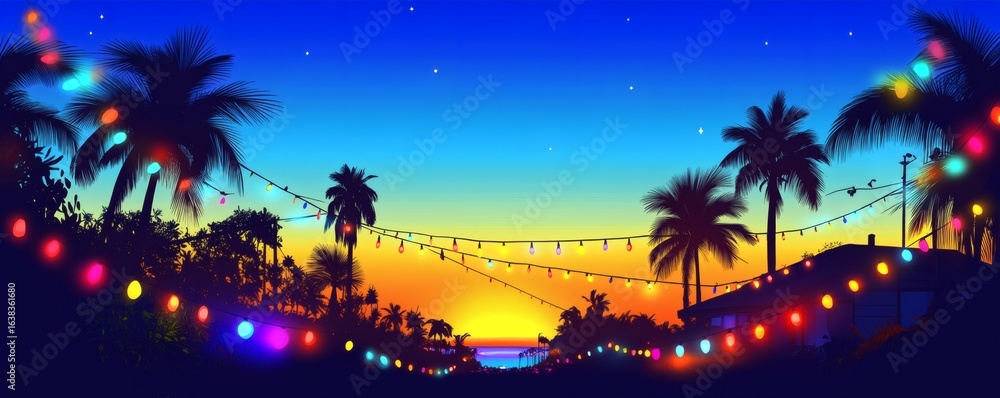 Poster illuminated tropical scene featuring palm trees at sunset with string lights