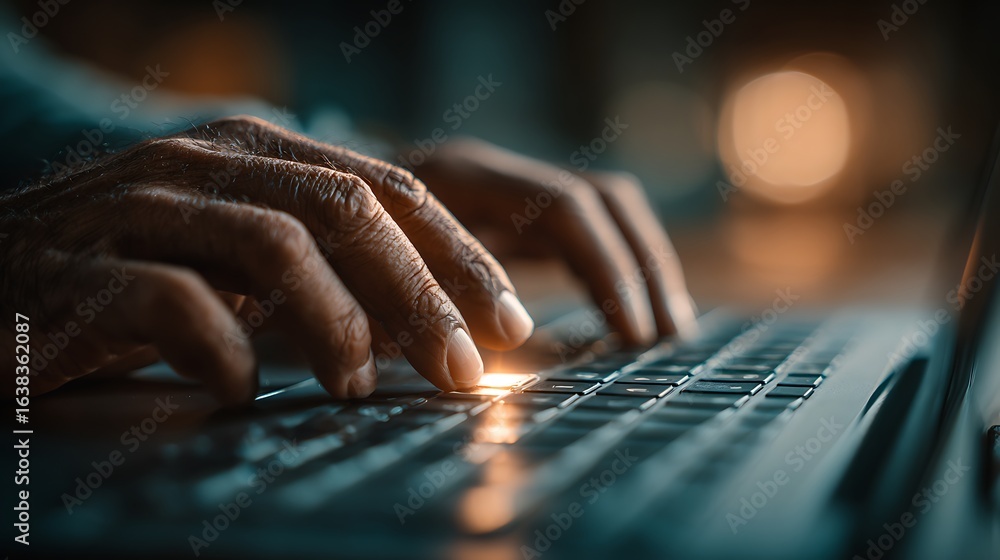 Poster close up of hands typing on a laptop keyboard with warm glowing light illuminating the keys