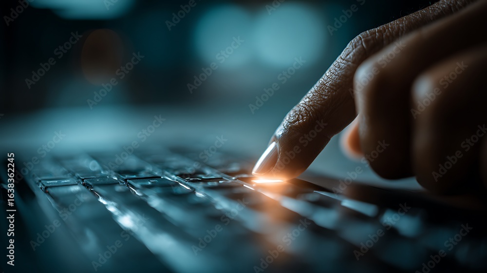 Poster close up of a finger pressing a glowing keyboard key in a dark futuristic environment