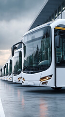 Modern white buses parked in large transportation depot, showcasing efficient and futuristic design with advanced technology features