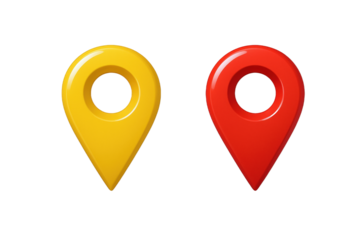 Two Shiny, Glossy Location Pointers, One Yellow and One Red, Isolated on a Black Canvas