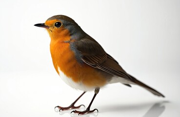 Obraz premium European robin perched on a white background, showcasing its vibrant orange breast and grey wings. This charming bird is often associated with spring and autumn seasons.