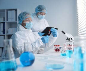 Medical analysis. Scientists working with blood sample in laboratory