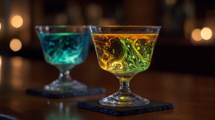 Colorful Neon Liquid Cocktails with Swirling Patterns in Elegant Glasses Capturing the Essence of Extraterrestrial Inspiration