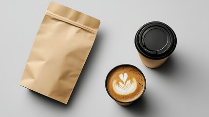 Brown paper coffee bag and two cups of latte art coffee on a light grey background