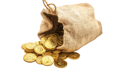 Bag of gold coin isolated on white background, png