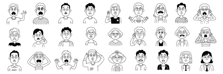 Big Collection of Hand Drawn Facial Expressions – Happy, Sad, Angry, Crying, Laughing – Black and White Ink Sketch Outline Art of Diverse People

