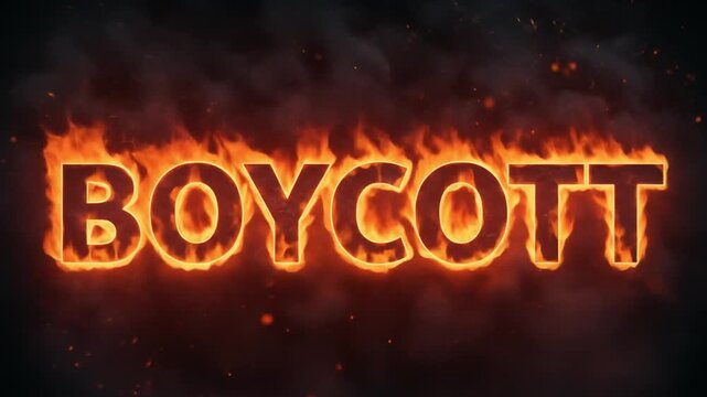 Bold 'BOYCOTT' text engulfed in flames, conveying strong protest energy.