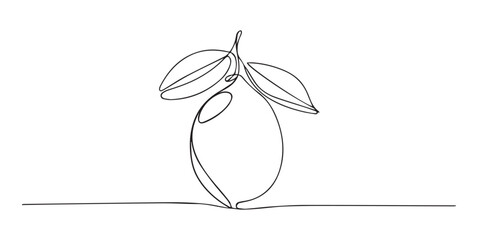 A single line drawing of a lemon with leaves fruit citrus