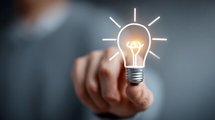 Person s finger illuminating a glowing light bulb symbolizing a new idea
