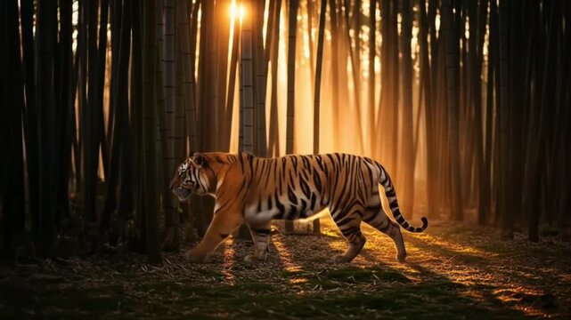 Powerful Tiger Walking Through a Lush Forest with Sunbeams
