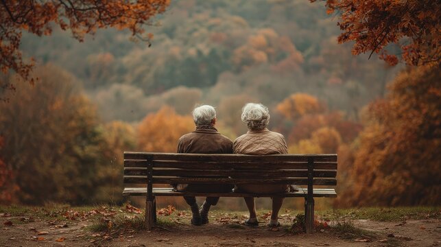 horizontal shot of an elderly grayhaired couple sitting on the bench on an autumn day no logos no brands ar 169