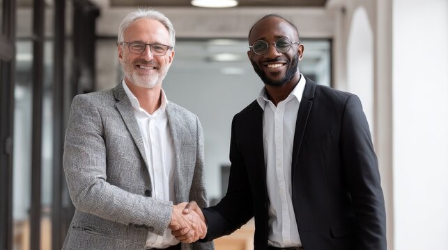 two happy diverse professional business men executive leaders shaking hands at office meeting smiling businessman standing greeting partner with handshake leadership trust partnership concept no logo