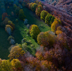 Aerial drone view of the autumn landscape in the Burgos Mountains, in the Pasiegos Valleys of the province of Burgos. Espinosa de los Monteros, Burgos, Castile and León, Spain, Europe