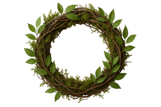 Natural Wreath Crafted from Twigs, Moss, and Green Leaves Forming a Circular Frame