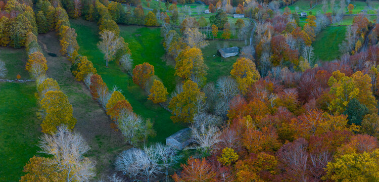 Aerial drone view of the autumn landscape in the Burgos Mountains, in the Pasiegos Valleys of the province of Burgos. Espinosa de los Monteros, Burgos, Castile and Le&oacute;n, Spain, Europe
