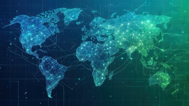 Digital Earth: Glowing Plexus Network Map of Global Data Connections