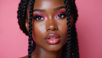 Stunning Black woman with natural long black braids wears vibrant pink eye makeup, glossy lips. Flawless skin, captivating gaze highlight beauty, confidence. Portrait focuses on makeup artistry,