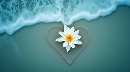 Obraz premium Serene White Lotus Flower in Heart Shape on Sandy Beach, Calm Ocean Wave Background Photo