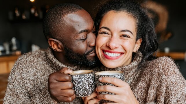Young multi ethnic couple sharing warm drinks while enjoying cozy cafe atmosphere during winter afternoon