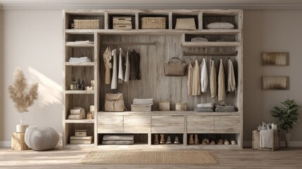 Wooden wardrobe with nested design showcasing organized clothing and accessories in a cozy interior space