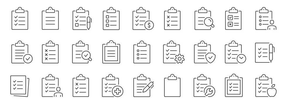 Clipboard and checklist thin line icons set. Editable stroke. Vector