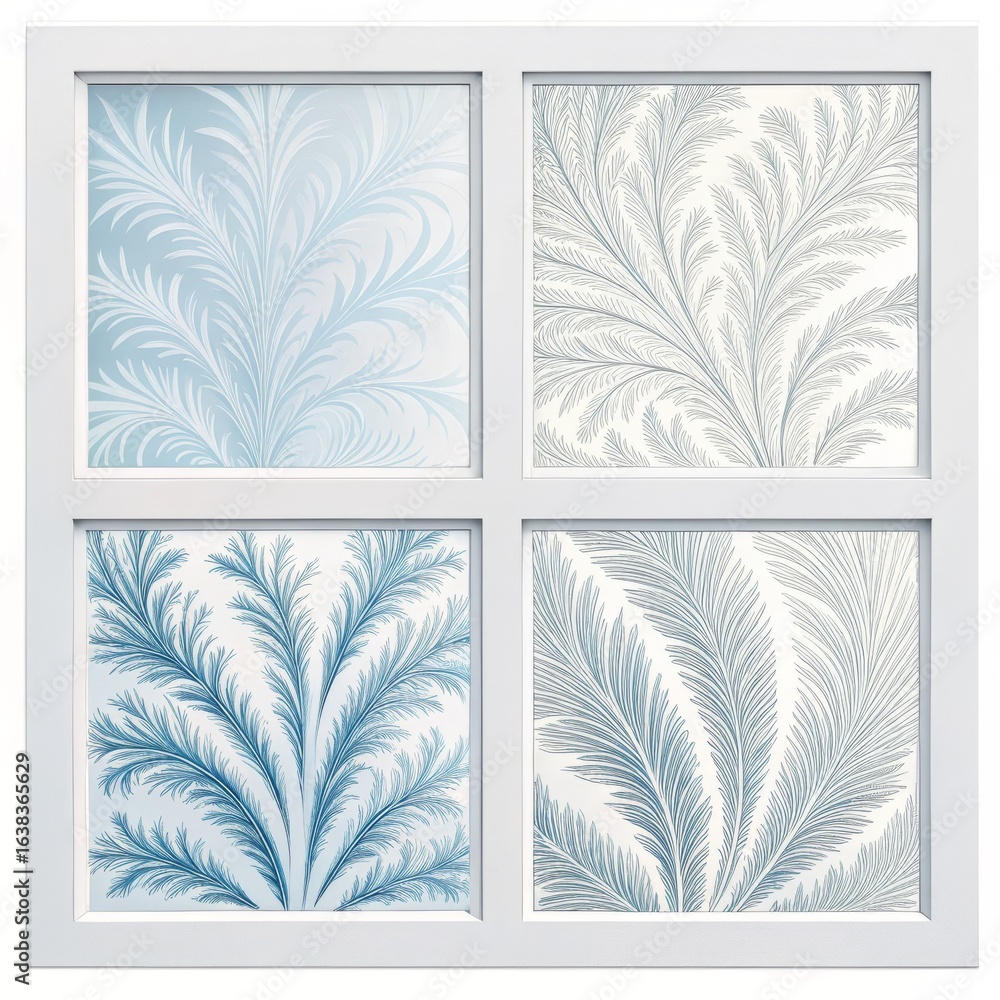 Poster a white window frame with four panes displaying frost like patterns in different shades of blue colo