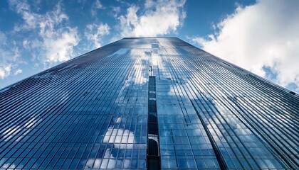 low angle view of a modern glass skyscraper reflecting the blue sky and clouds