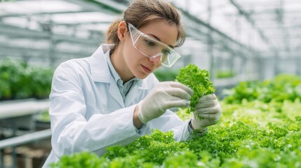 junior agricultural scientists researching plants and diseases in greenhouse with parsley and green salad biotechnology woman engineer examining plant leaf for disease no logos no brands ar 169