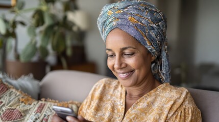 smiling middle aged african woman with traditional head turban sitting on couch at home using smartphone beautiful african american woman with typical headscarf scrolling through internet on phone no