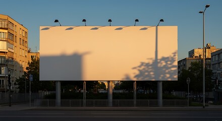 Obraz premium A large blank billboard on a city street at golden hour, an empty outdoor advertising space with copy space for a mockup.
