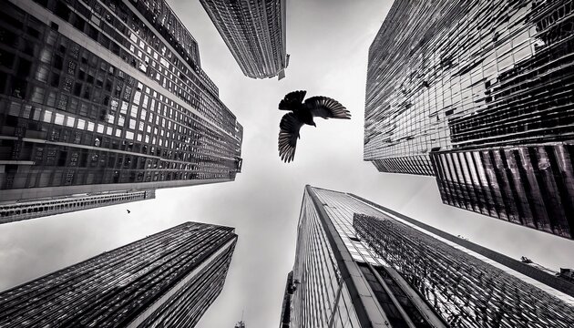 pigeon flying between tall buildings in a grayscale urban cityscape from low angle - Powered by Adobe