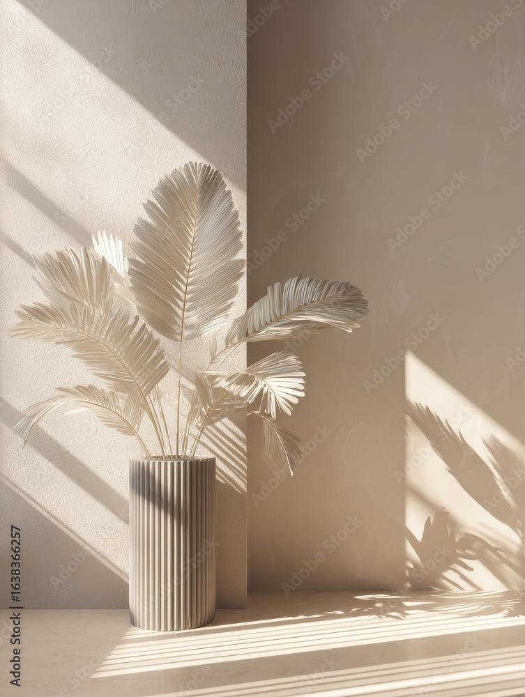 Aufkleber minimal white ribbed panel standing in soft light with leaf shadows on wall ideal modern background 