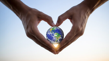 Hands cradling planet earth forming heart shape globe