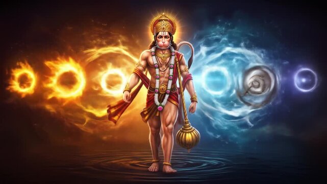 A vibrant depiction of Hanuman with elements of fire and water.