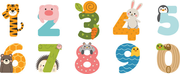Animal number characters, kids learning design, cartoon numbers 1 to 10, educational illustration for children, cute playful style, vector flat cad drawing